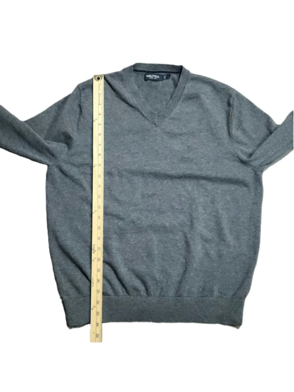 Nautica Mens Gray V Neck Long Sleeve Sweater Shirt Large